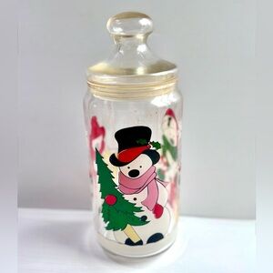 Vintage Glass Christmas Jar with Lid Snowmen Design 10” Holiday Candy Container